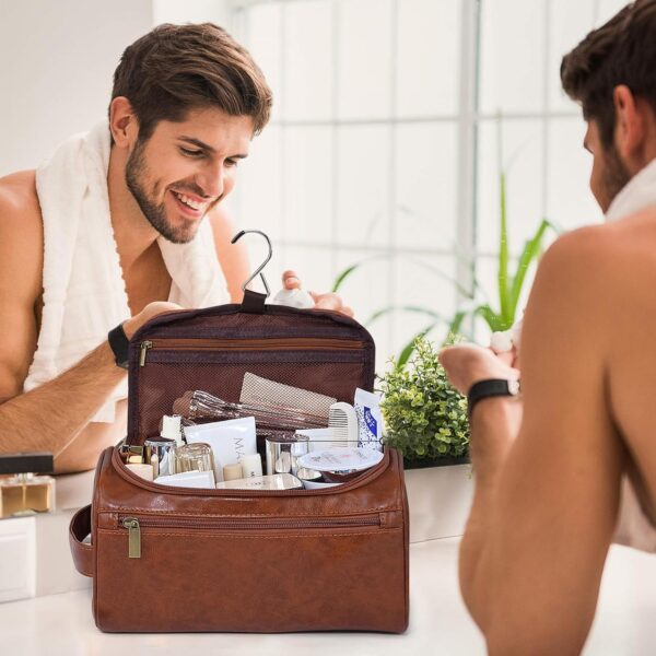 Beauty case uomo pelle PU marrone viaggi palestra rasatura-4