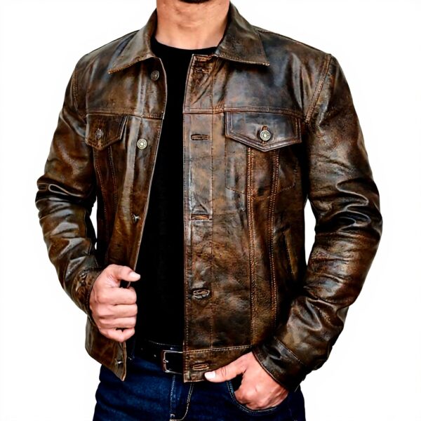 Giacca camionista pelle uomo colletto camicia stile western