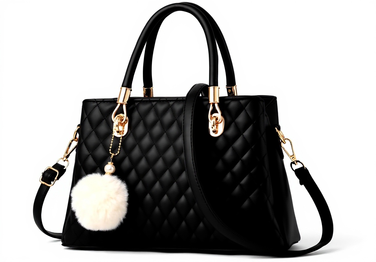 Borsa a tracolla IHAYNER in pelle nera con pompon su sfondo neutro