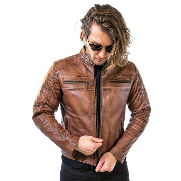 Leatherick giacca moto pelle bovina vintage design uomo-5