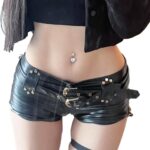 SMTCM Pantaloncini pelle sintetica donna nero cerniera-0