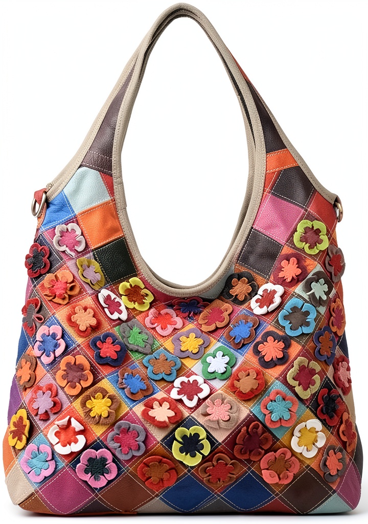 Borsa Eysee in pelle multicolore con design floreale su sfondo neutro