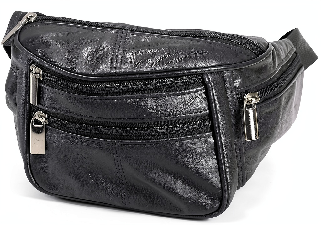 Marsupio Unbekannt Nero pelle morbida unisex adulto su tavolo di legno con oggetti organizzati nelle tasche