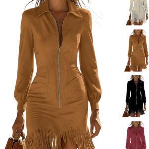 Abito donna in pelle scamosciata con frange, zip e tasche – rosso XL-0