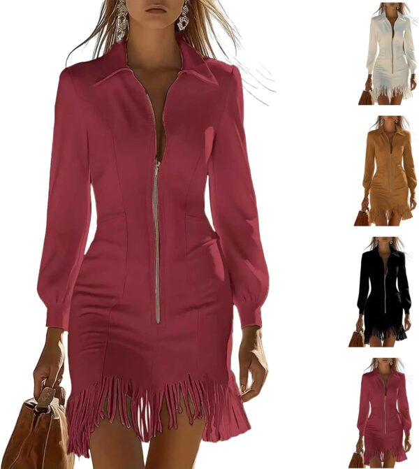 Abito donna in pelle scamosciata con frange, zip e tasche – rosso XL-0