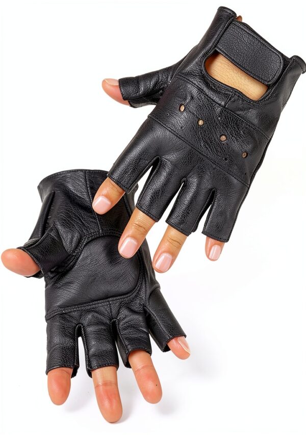 Guanti Long Keeper Mezza Dita in Pelle Nera per Moto e Ciclismo-0
