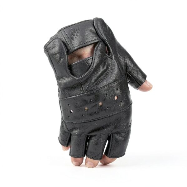 Guanti Long Keeper Mezza Dita in Pelle Nera per Moto e Ciclismo-6