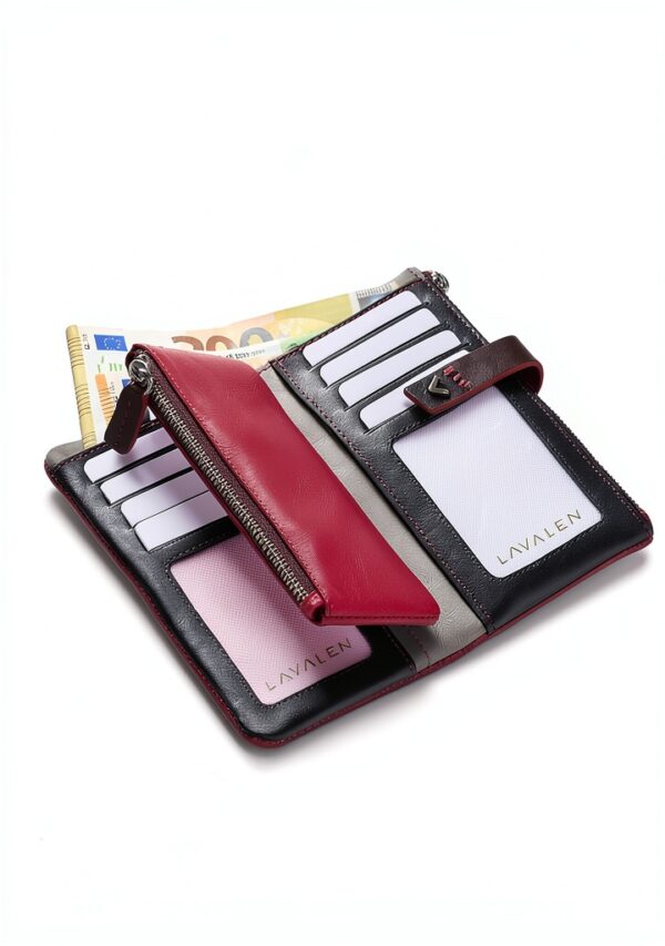 Portafoglio Donna Pelle Vera - Portamonete RFID Fatto a mano - Porta Tessere Firmato Rosso - Regalo Perfetto.-2