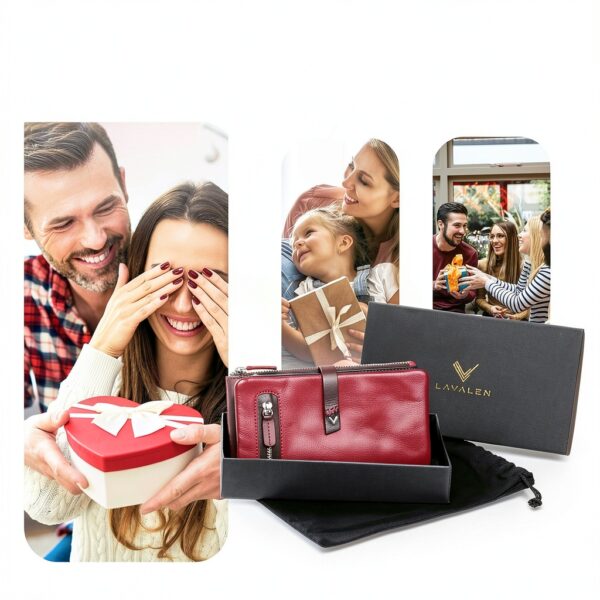 Portafoglio Donna Pelle Vera - Portamonete RFID Fatto a mano - Porta Tessere Firmato Rosso - Regalo Perfetto.-7