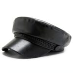 Cappello da donna con visiera in pelle PU, stile pescatore, cappello da capitano Paperboy, nero, Nero , 1-0