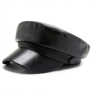Cappello da donna con visiera in pelle PU, stile pescatore, cappello da capitano Paperboy, nero, Nero , 1-0