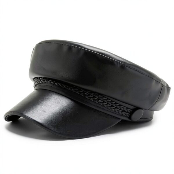 Cappello da donna con visiera in pelle PU, stile pescatore, cappello da capitano Paperboy, nero, Nero , 1-0