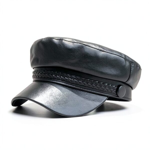 Cappello da donna con visiera in pelle PU, stile pescatore, cappello da capitano Paperboy, nero, Nero , 1-8