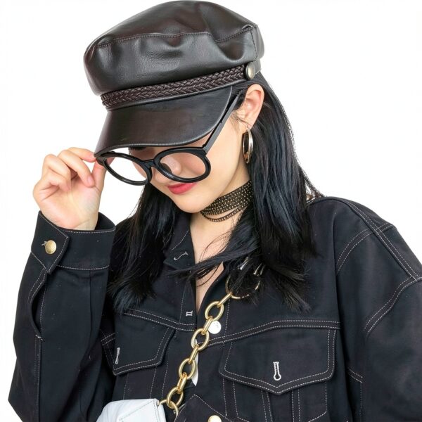 Cappello da donna con visiera in pelle PU, stile pescatore, cappello da capitano Paperboy, nero, Nero , 1-3